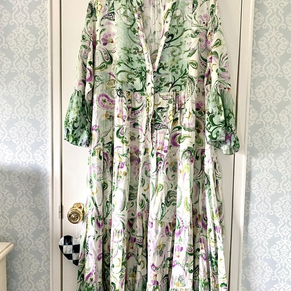 Long Bohemian feminine Tiered Dress.Ruffles hem and sleeves.  Worn 2X . One Size - Picture 1 of 5